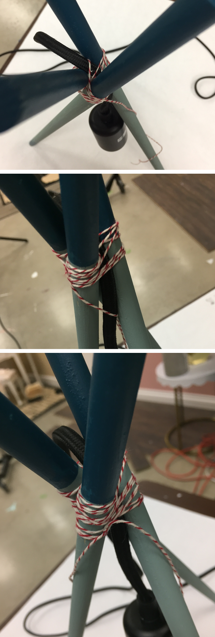 Showing the string tied around the bundle of dowels with electrical cord
