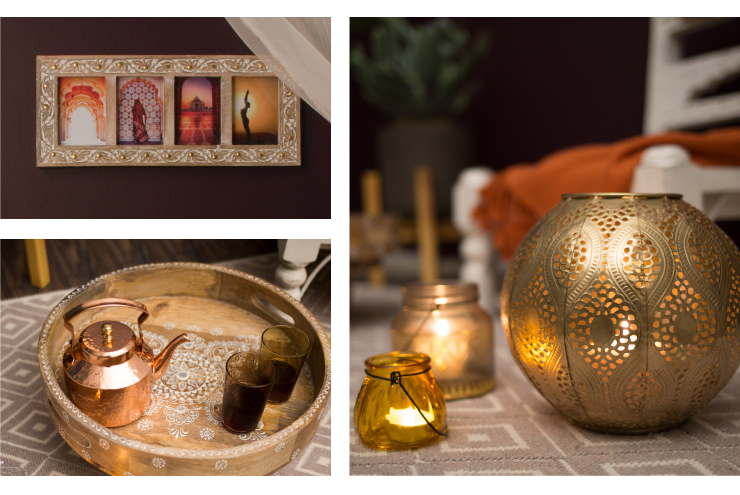 A collage of images showing what is in the room: -Picture on the wall of showing meditation and yoga. -A tray with metal tea pot and glass tea cups. -A variety of metal and glass candle holders.
