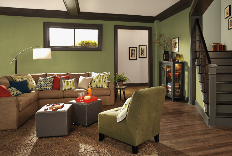 A living room area with walls paint in Secret Meadow.