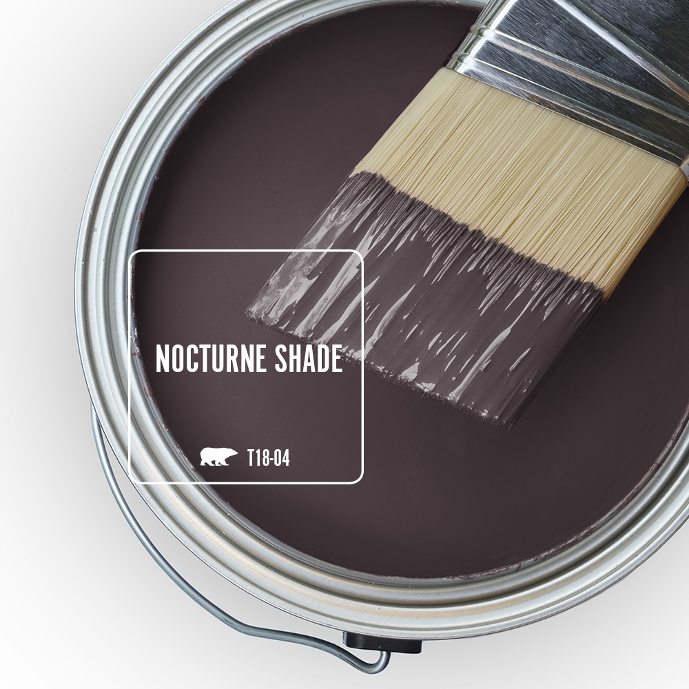 Paint Swatch - Open paint can with paint brush that was dipped showing paint color Nocturne Shade