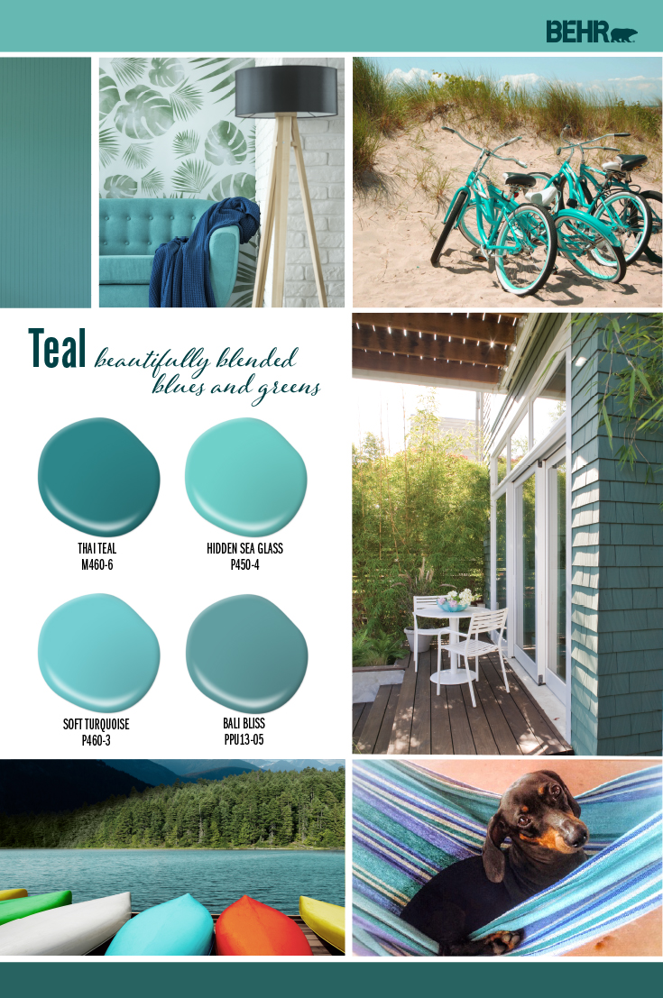 Inspiration Board featuring four teal colored paint drops: Thai Teal, Hidden Sea Glass, Soft Turquoise, Bali Bliss Images shown are the following: -A living room with a teal colored couch -A couple of teal colored bikes parked at the beach. -Backyard area with a small porch. The exterior is painted in Bali Bliss. -A lake with different colored canoes on the dock. -A dog in a blue and teal striped hammock. 