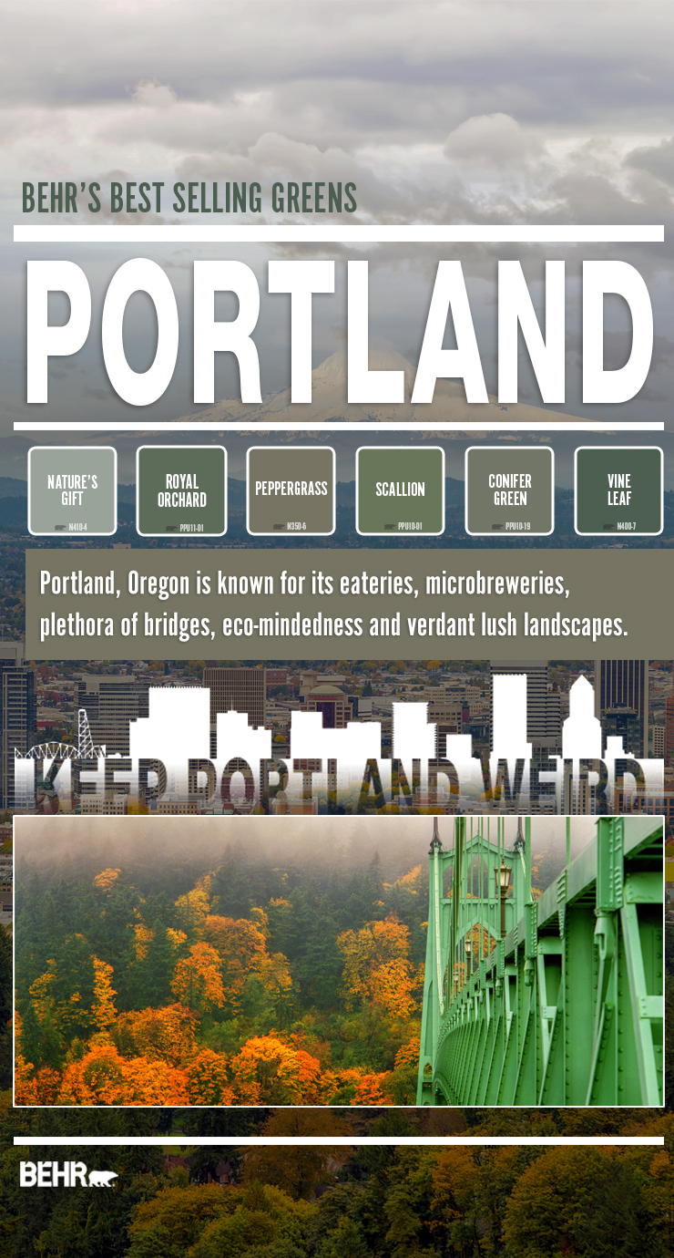 A collage of Portland's city skylight and woodland. Six color boxes showcasing Portland's best selling green colors.