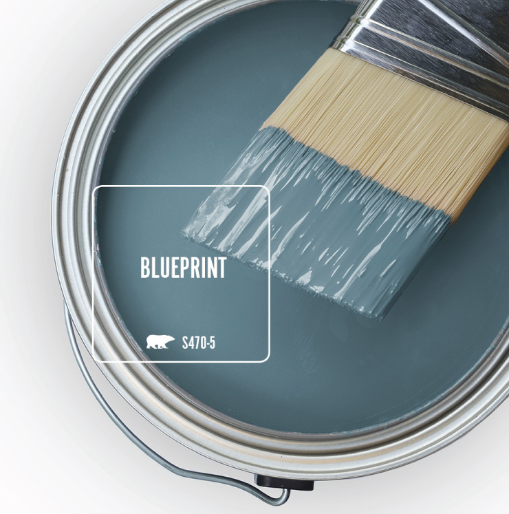 Paint Swatch - Open paint can with paint brush that was dipped showing paint color for Blueprint.