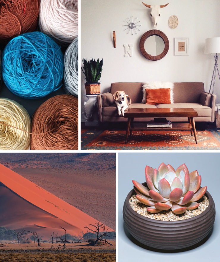 A collage of four images. Images are the following: Different color spools of yard. A living room with red accents. Walls are white. A mountain in a clay red color.  A potted succulent with red tips.