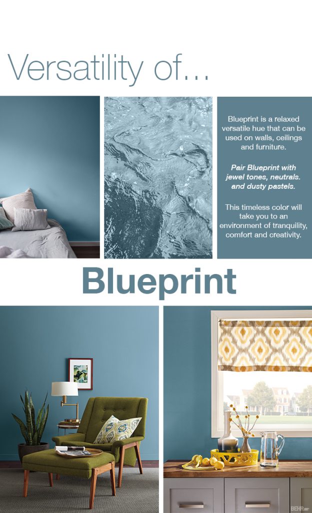 A collage of four images representing the color Blueprint. A living room with a door to a cabinet painted in Blueprint. A pile of blue and white sweaters. An outdoor hammock swing with cozy blankets colored in blue and white. An exterior home painted in Blueprint.