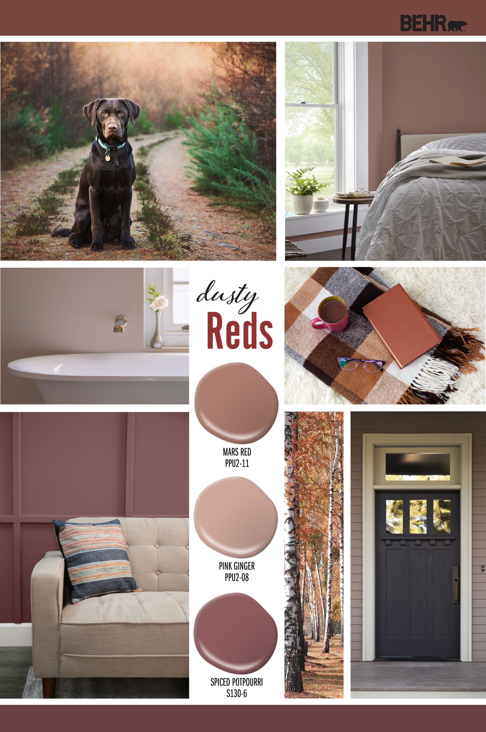Inspiration board featuring three muted red paint drops: Mars Red, Pink Ginger, Spiced Potpourri Images shown are the following: -A dog standing in the middle of a dirt path with fall foliage behind him. -A bedroom with wall painted in Mars Red. -A bathroom with wall painted in Pink Ginger. -A living room with walls painted in Spiced Potpourri. -An exterior front entry with wall painted in Pink Ginger.