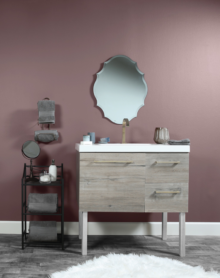 Powder room featuring out Raisin in the Sun wall paint color. The powder room includes a sink, mirror and an organizing rack. 