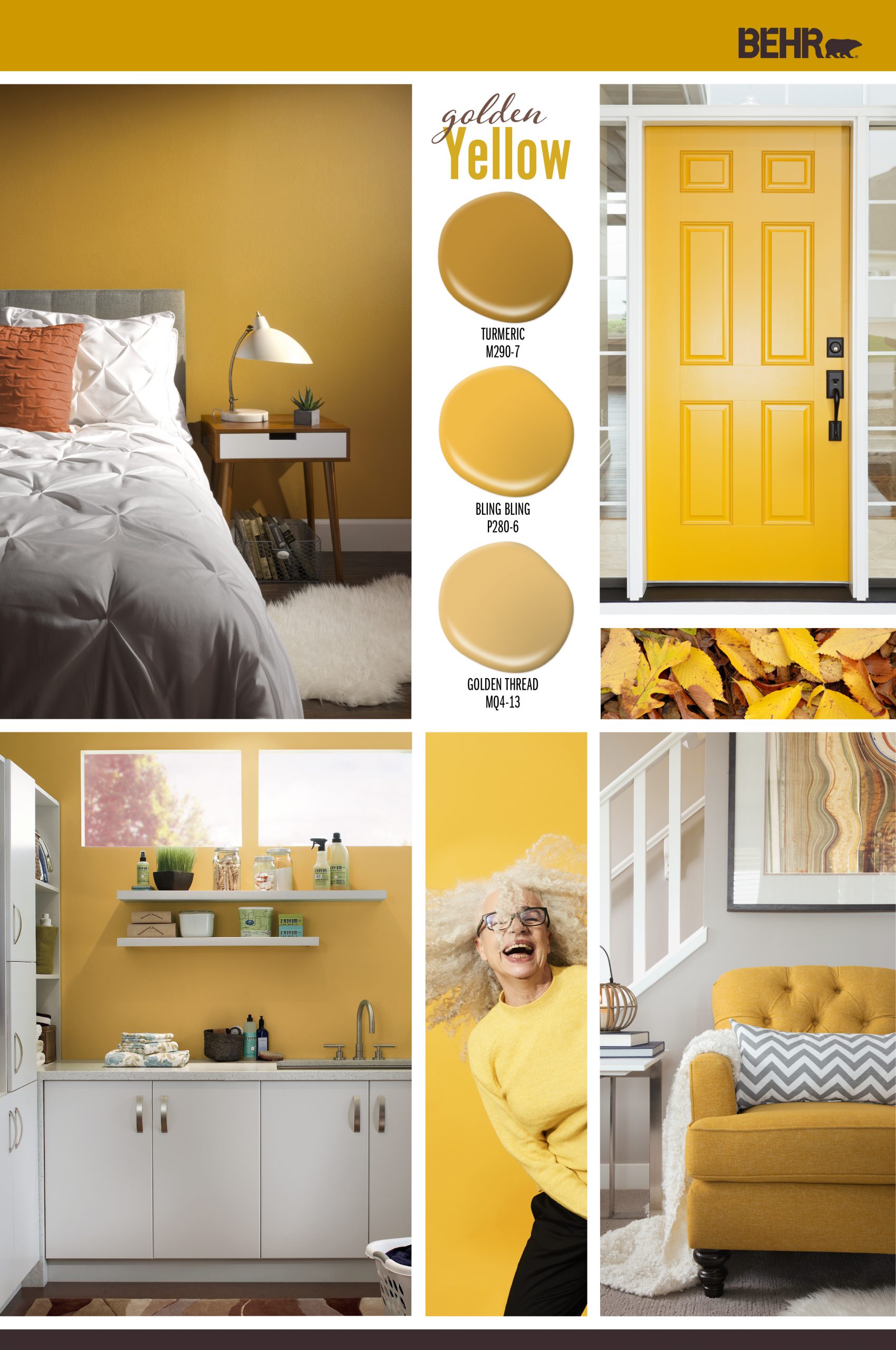 Inspiration board featuring three yellow paint drops: Turmeric, Bling Bling, Golden Thread. Images shown are the following: -A bedroom with walls painted in Turmeric. -A exterior door painted in Bling Bling. -A laundry room painted in Golden Thread. -An older woman dancing in front of a wall painted in Bling Bling. -A living room with a yellow chair.
