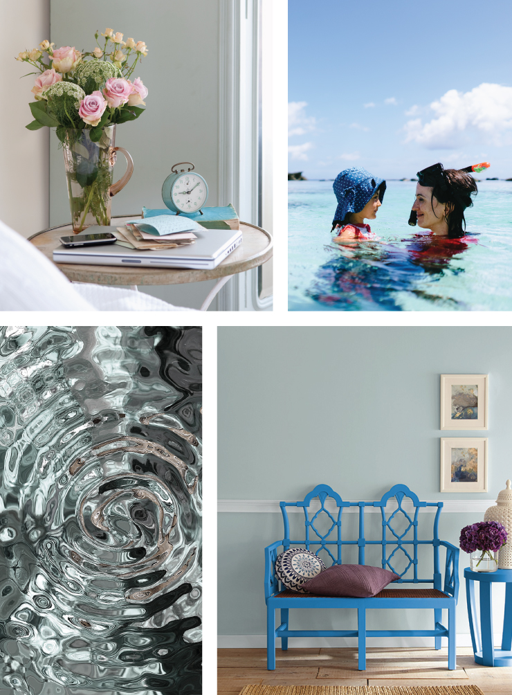 A collage of four images representing the color Watery. Images are as follows: Side table showing accents in Watery. Woman and her daughter in the ocean water. Water ripples. An entry with the wall painted in Watery and bright blue accents.