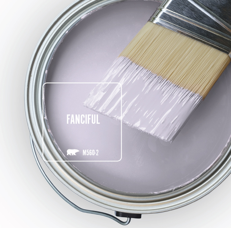 An open paint can and brush overview showing well paint tinted in light purple color called Fanciful. 