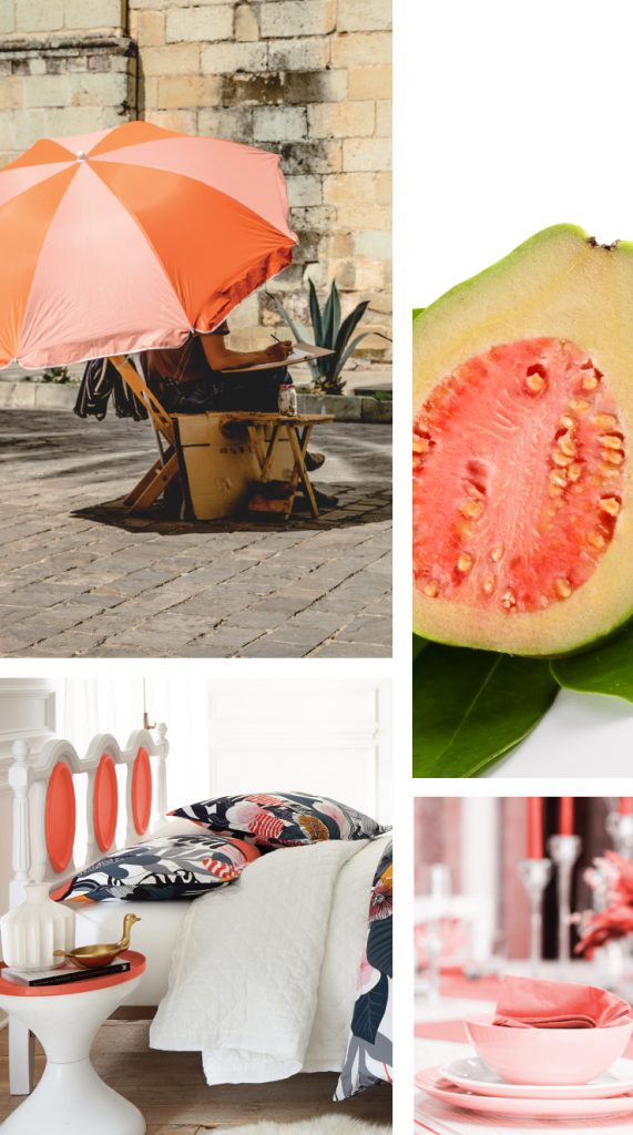 A collage of four images representing the color Guava Jelly. Images are as follows: Person outside in the heat, sitting in a chair with an orange striped umbrella. Half of a guava fruit. Bedroom showing the headboard and side table accents in the color Guava Jelly. A dinner setting with pink plates and napkin in Guava Jelly color.