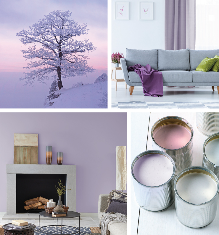  A collage of images featuring a light purple snowing vista, a modern living room with purple decorative elements, a light purple living room with a fireplace  and, a a collection of paint metal cans featuring purple tones. 