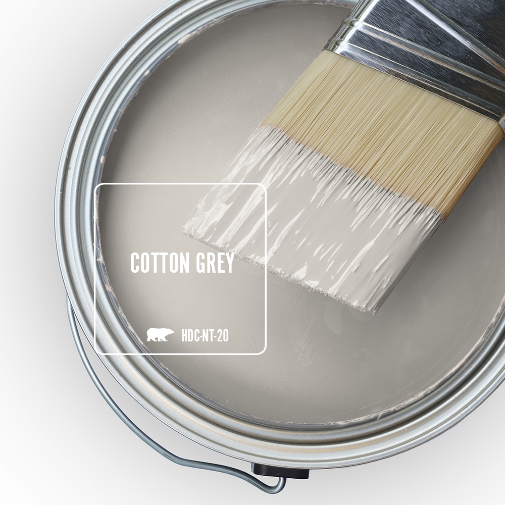 Paint Swatch - Open paint can with paint brush that was dipped showing paint color Cotton Grey.