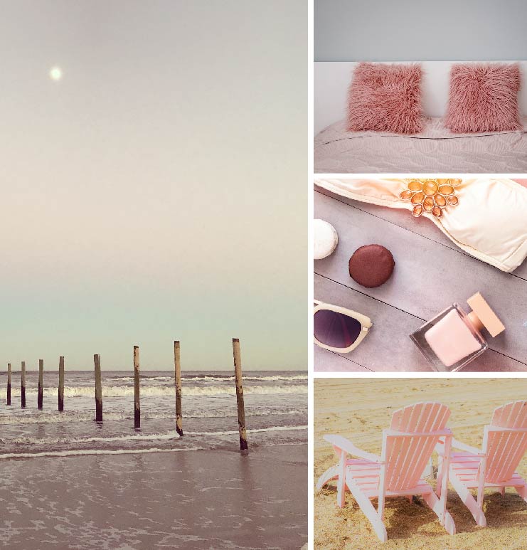 A collage of images of a light pink beach vista, a close up detail of a bed with pink bedding, pink accessories  such as sunglasses and headband and, two pink Adirondack chairs