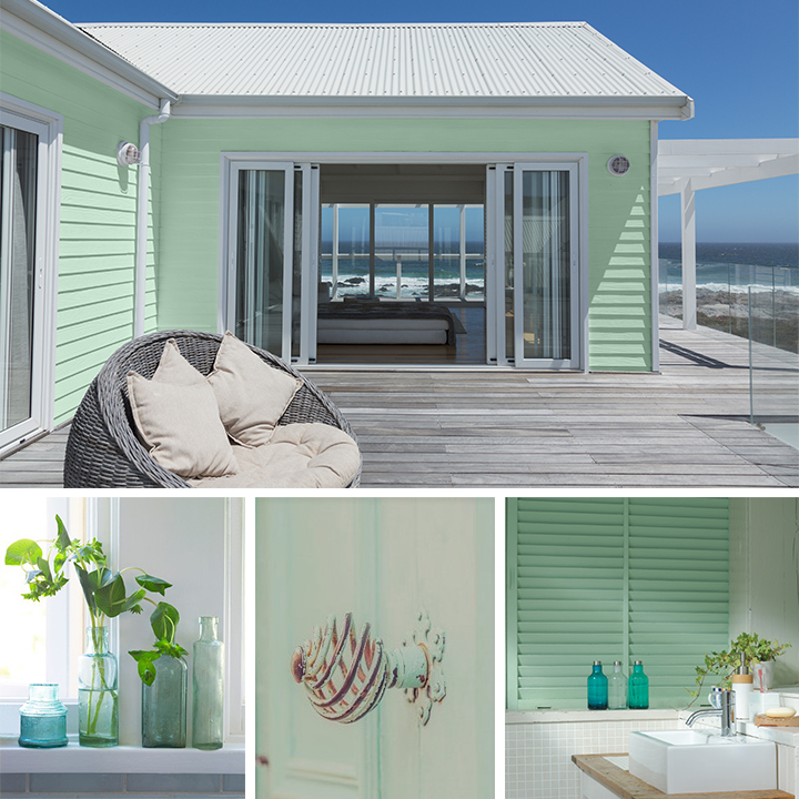 A collage showcase of a mint color beach house with ocean view, light blue and green glass collection, a mint green antique door know and a coastal style small bath with white tile and sink. 