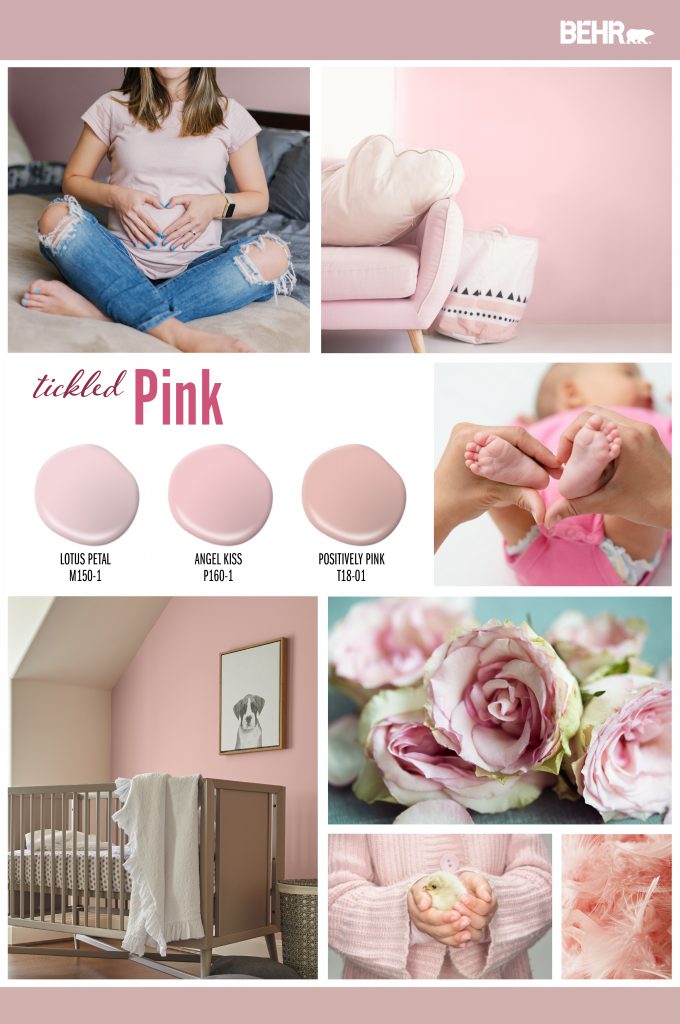Inspiration Board featuring three pink paint drops: Lotus Petal, Angel Kiss, Positively Pink.
Images shown are the following:
-A pregnant mother sitting on a bed. She is wearing a pink shirt holding her hands in a heart shape on her belly. Wall is painted in Lotus Petal.
-A tight crop of a living room. Couch is pink. The wall is painted in Angel Kiss.
-A baby dress in pink. Her feet are being held and formed into a heart shape.
-A nursery with the wall painted in Positively Pink.
- Pink Roses
-A girl in a pink fuzzy sweater holding a baby chic.
-Pink feathers.
