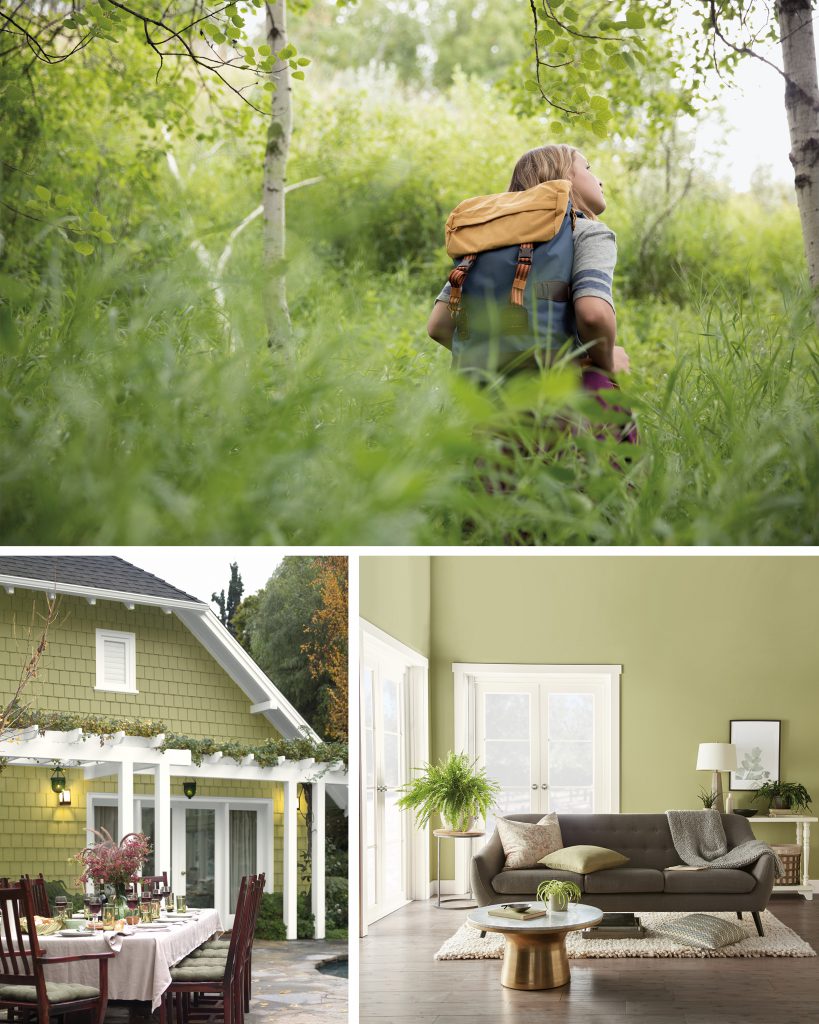 A collage featuring the green hues. Images are the following: Girl hiking through green forest. An exterior home painted in Back to Nature. A living room with the walls painted in Back to Nature.
