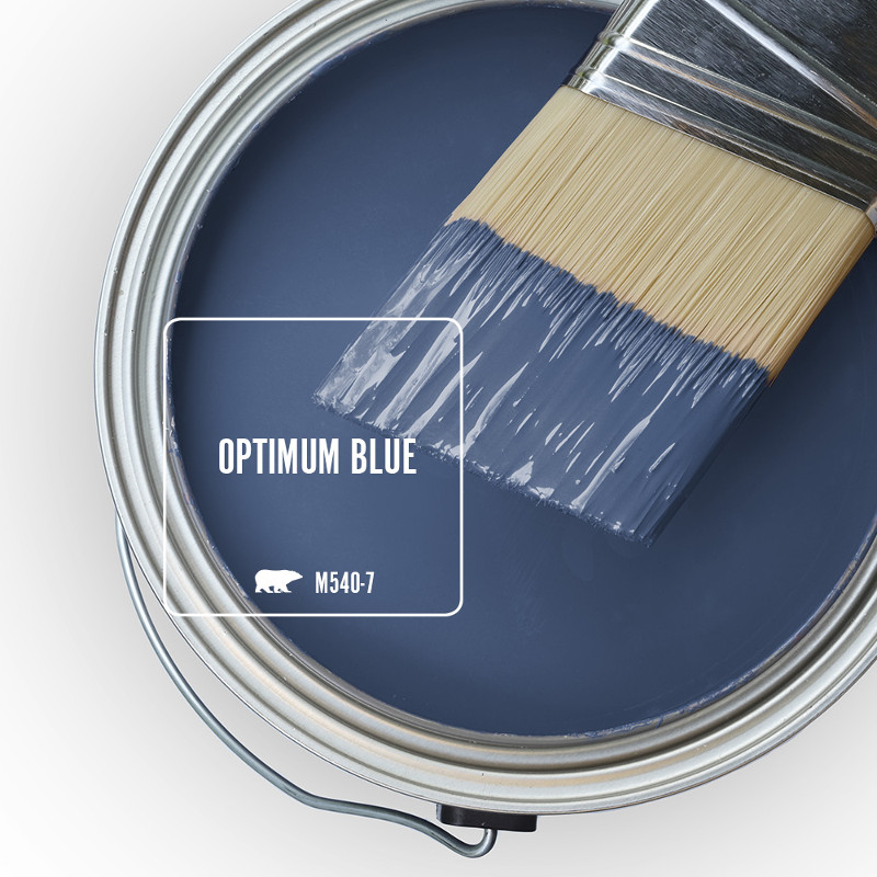 An open can overview showing wet paint in blue color called Optimum Blue. 