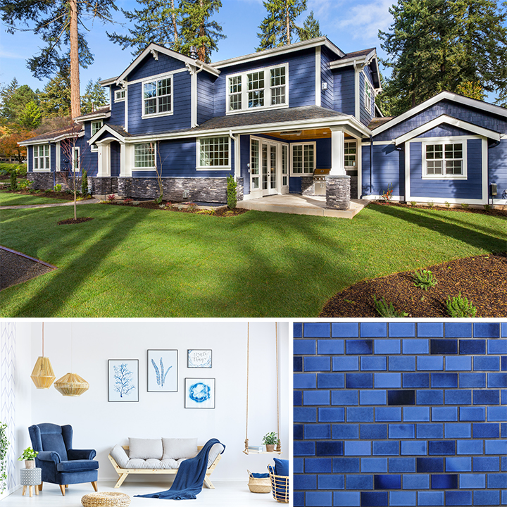 A collage showcasing a blue home exterior, a indoor living space and multi-tone small subway tile. 