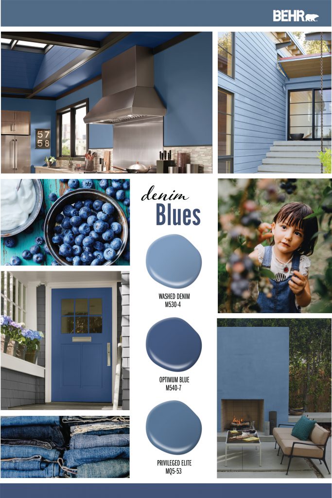 Inspiration Board featuring three blue paint drops: Washed Denim, Optimum Blue, Privileged Elite.
Images shown are the following:
-A tight crop of kitchen with walls painted in Privileged Elite. Ceiling painted in Optimum Blue.
-An exterior entry painted in Washed Denim.
-A bowl of blueberries.
-A girl picking blueberries from a tree.
-A gray colored exterior home. The door is painted in Optimum Blue.
-A pile of stacked blue jeans.
- Exterior backyard patio with a lit fireplace and a comfy couch. The fireplace wall is painted in Privileged Blue.
