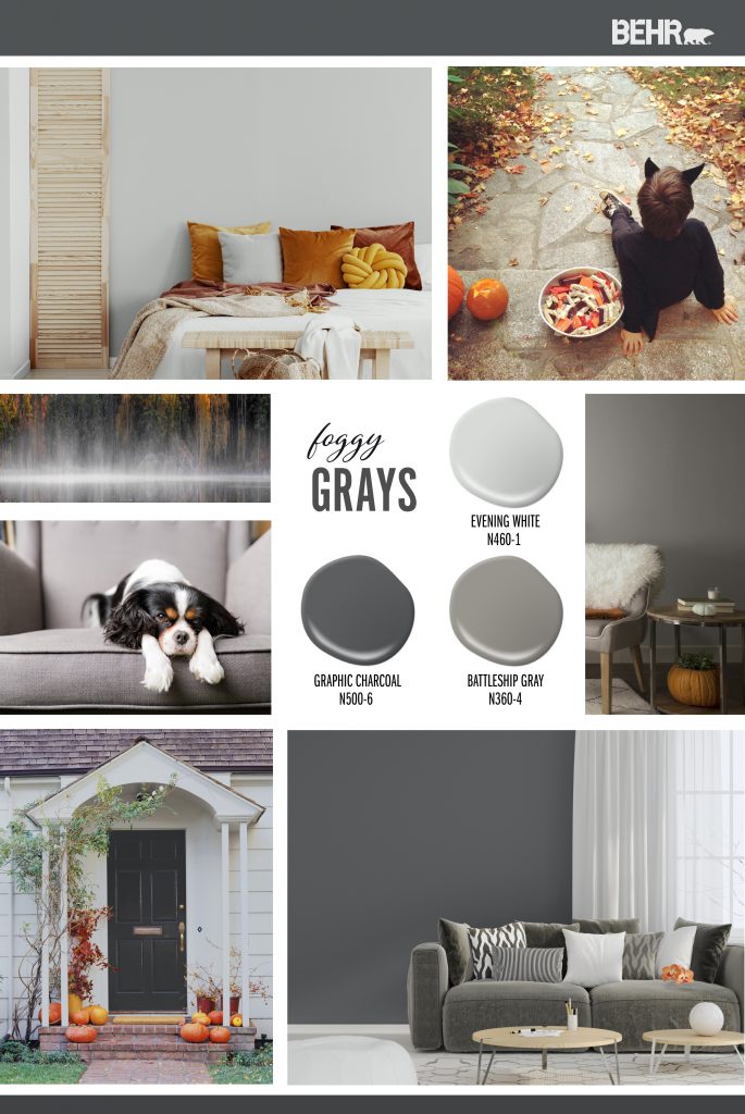 An inspiration board with paint drops of grays colors; Evening White, Battleship Grays, Graphic Charcoal
Images shown are the following:
-Bedroom with evening white on the wall.
-A little boy sitting outside on a step, in a Halloween costume with a bowl of candy next to him.
-A foggy lake with fall trees in the background. 
-A dog sitting lazily on a chair 
-A corner of a room with a chair and side table. Wall painted in Battleship Gray 
-Exterior front entry decorated with pumpkins and fall leaves. 
-Home is painted in Evening White, Front door is painted in Battleship Gray 
-Living Room, walls painted in Graphic Charcoal
