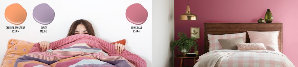 Paint colors drops shown: Cheerful Tangerine (orange), Svelte (purple), I Pink I Can (pink). Three paint drops placed on top of a picture of a girl in bed with covers up to her face. Bedding is orange, purple and pink stripes. To the right of this image is a bedroom painted in I Pink I Can. Bedding is light pink and white gingham pattern. 