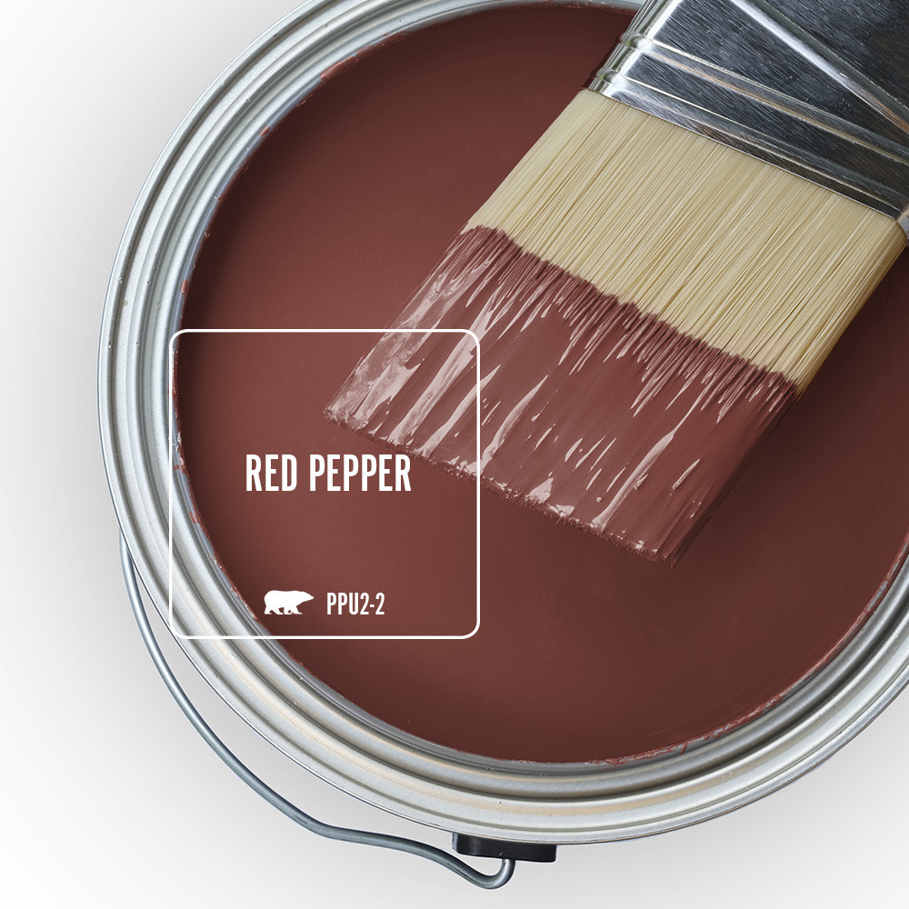 An open can overview featuring wet paint tinted in red color called Red Pepper. 