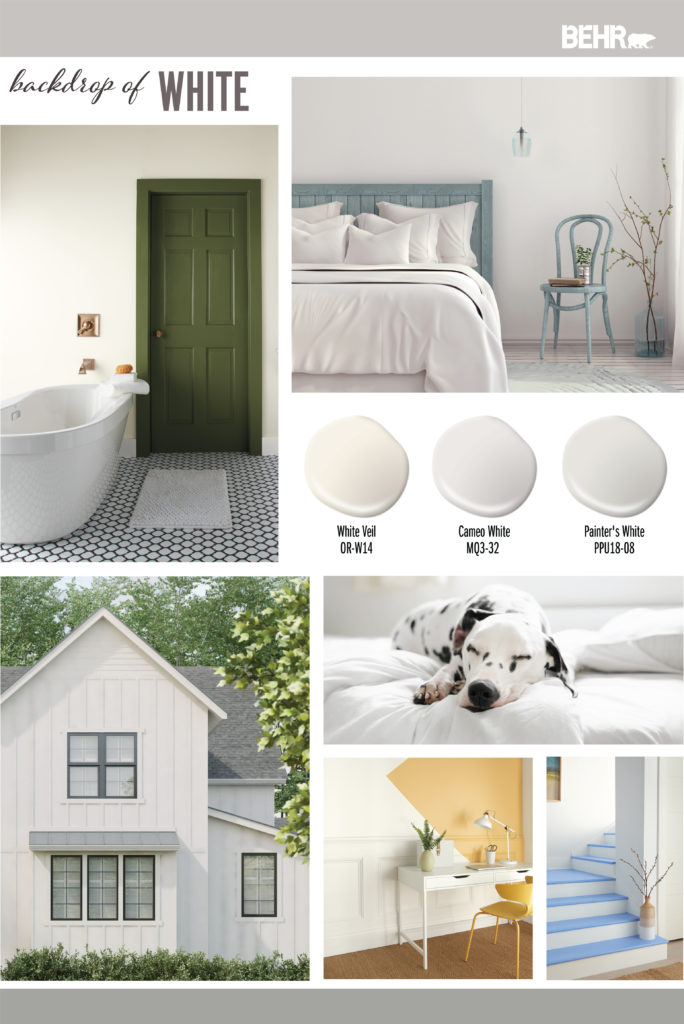 Inspiration Mood Board featuring three white paint drops: White Veil, Cameo White, painter’s White
Images shown are the following:
-A bathroom painted in White Veil with the door in a green paint color.
-A bedroom painted in Cameo White. Furniture is painted in a soft denim blue color
-Exterior farmhouse style home. Painted in Painter’s White with black trim.
-A white dog with black spot sleeping on a bed. Bedding is all white.
-A home office with wall painted in White Veil and color blocking on the wall in yellow.
- A stairway with the walls painted in Painter’s White. Top of steps are painted in a bright blue.