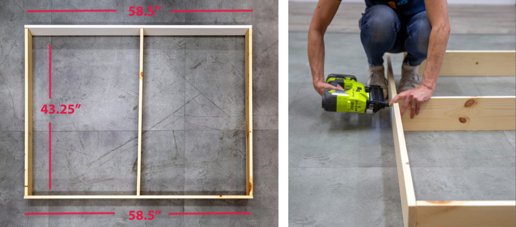 A visual of the frame in position on the ground. Then a visual of a person using a nail gun to attach the boards to make the frame.