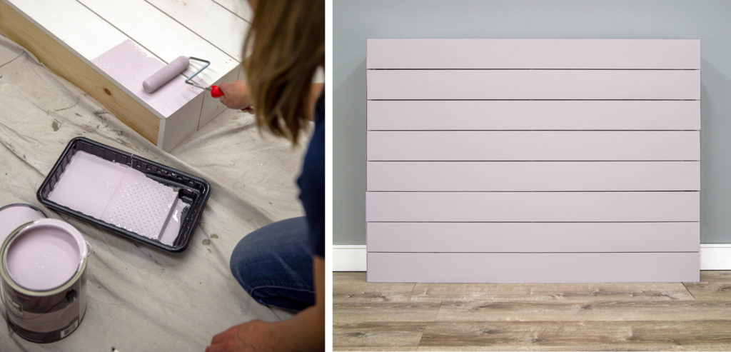 A person painting the headboard with Dusty Lilac paint.
Then a picture of the headboard fully painted and leaning up against a wall. 
