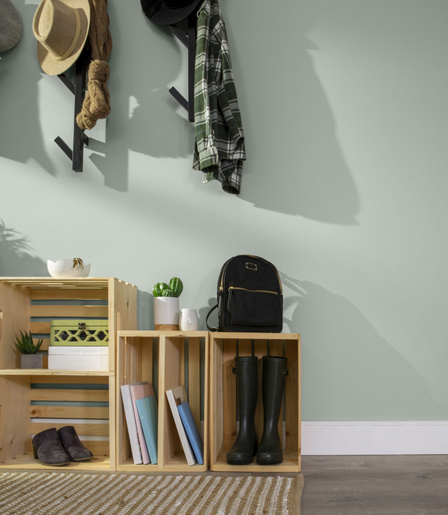 This is an organized entryway. The color on the wall featured is Riverdale which is a muted sage with a gray cast.
On the walls are three racks and hanging on the racks is a couple hats, a scarf, canvas bag and a flannel. 
On the floor below the racks are crates set up stacked horizontally and vertically.  These crates hold boots, heels, books, purses, umbrellas, backpacks and small plants and a key bowl. 
This photo has hardwood floors and a small woven carpet to finish the look.