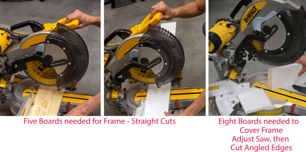 A miter saw cutting the wood planks to size. 