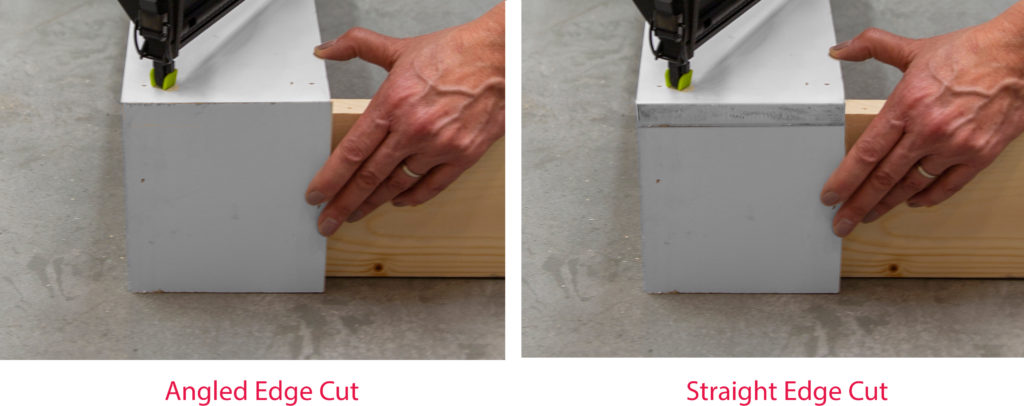 Showing the finished look using angled cut vs. straight cut. Angled cuts meet at the edge angle and is smooth. 