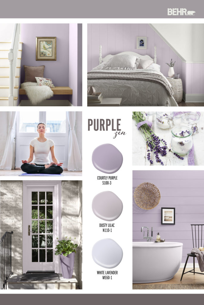Inspiration Mood Board featuring three pink paint drops: Courtly Purple, Dusty Lilac, White Lavender
Images shown are the following:
-A small sitting area with a bench snug between stairs and a wall. The walls are painted in Courtly Purple. On the bench are pillows for comfort.
-A bedroom in the attic. Some of the wall is paneling in and painted in Dusty Lilac.
-A woman doing yoga sitting in front of a window with the wall painted in White Lavender
-Table with lavender plant and sea salts.
-An exterior home, close up image of the front door painted in Dusty Lilac
-Bathroom with paneling on wall painted in Courtly Purple