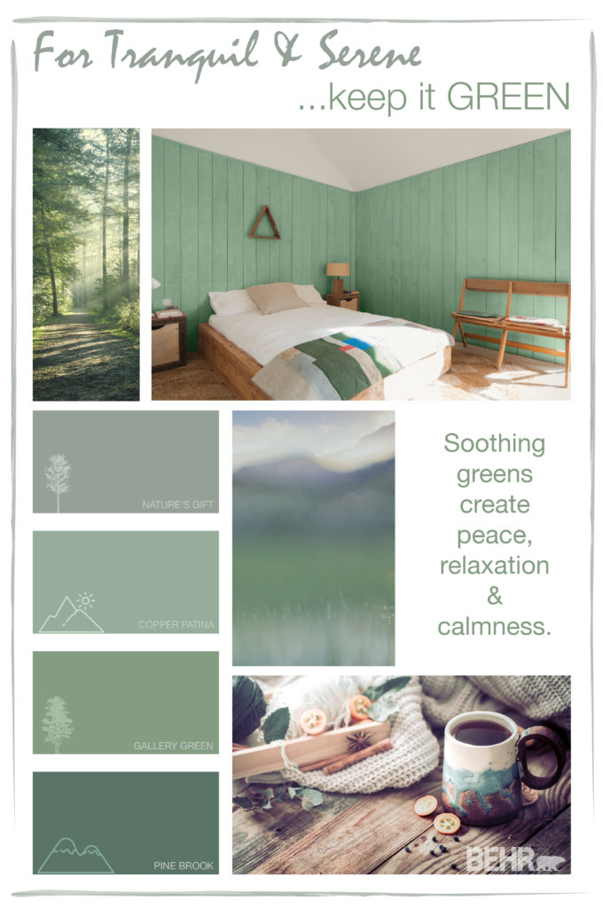 Inspiration mood board featuring four paint squares: Nature's Gift, Copper Patina, Gallery Green, and Pine Brook. 
Images shown are the following:
- An image of a crisp morning in the forest. 
- A cabin bedroom with wooden walls painted in Gallery Green. There is a bed with a wooden base, two wooden tables, and two night stands in wood. 
- A blurred image of a meadow and mountains in the background. 
- A detail image of a wooden table with knitting material and a hot cup of tea. 