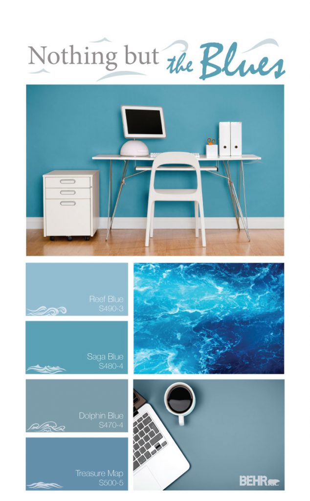 Inspiration mood board featuring four paint squares: Reef Blue, Saga Blue, Dolphin Blue, and Treasure Map. 
Images shown are the following:
- A office painted in Saga Blue. There is a white desk, chair and filing cabinet. There is a computer on the desk with a keyboard, pencil holder and two books. 
-  Next image is a detail image of ocean water. 
- Final image is a top down of a office desk painted in Dolphin Blue. Peaking through the image is a laptop and a cup of coffee. 