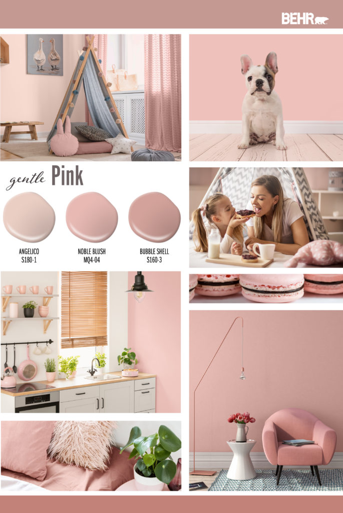 Inspiration Board featuring three pink paint drops: Angelico, Noble Blush, Bubble Shell Images shown are the following: -A child’s room with a cozy tent with pillows and small bench. The wall is painted in Angelico. -A dog sitting in front of a wall painted in the color Noble Blush. -Mom and daughter sitting in a tent eating toast with jelly. -A kitchen with pink accessories and side wall painted in Noble Blush. -Pink macaroons. -Sitting area with a cozy pink chair, side table with red tulips in a vase and a hanging light. The wall painted in Bubble Shell. -A tight shot of a bedroom with bedding in different shades of pink.