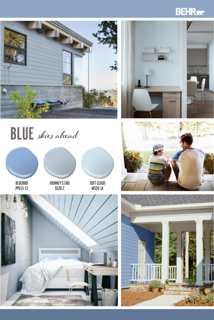 An inspiration board featuring blue hues. Paint drops shown: Bluebird PPU15-12, Journey’s End S520-2, Soft Cloud M520-1A. Images shown are as follows: A side of a homes’ deck with a small bench and blue pillows with the exterior painted in a dusty blue color. A home office with a wood desk, white chairs, wall is painted in a light blue color. A bedroom with paneling ceiling painted in blue. There is a small desk in the room and pillow on the bed are bright blue. An exterior side of home with a porch coming off of it. The side of the home is painted in a bright blue.