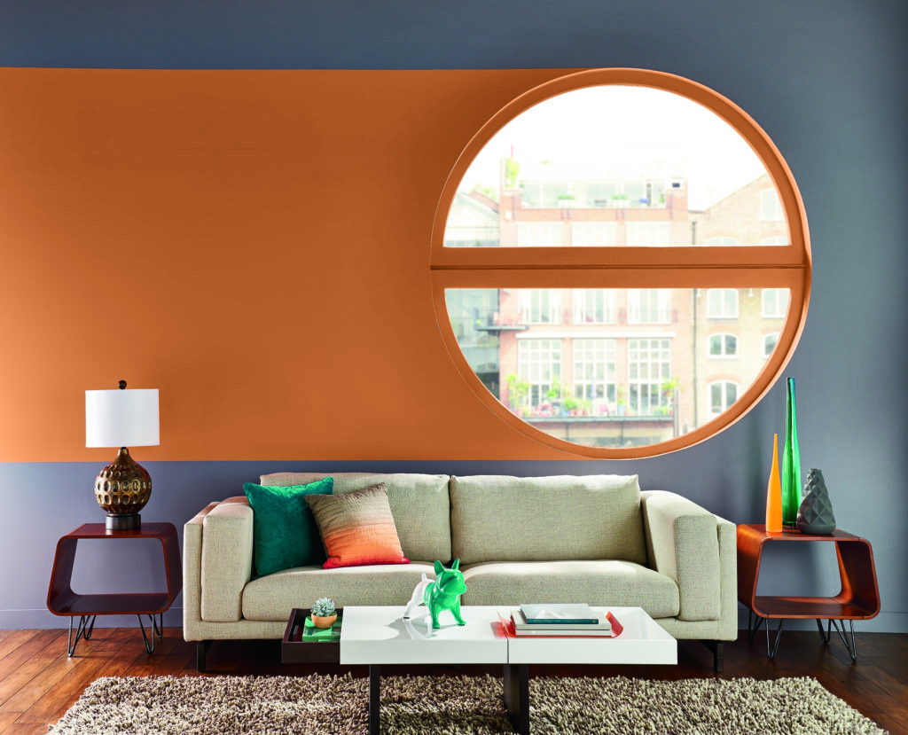 A retro living room with a unique paint design, color used on the design is Rumba Orange.