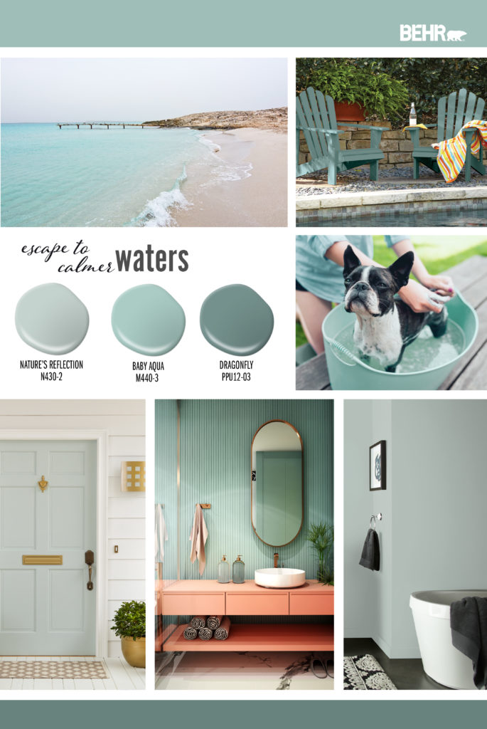 Inspiration board featuring three dusty blue-green paint colors, lighter to darker: Nature’s Reflection, Baby Aqua, Dragonfly.  Images shown are: An empty beach with sand and calm waves, quietly crashing along the shore.  An outside setting with two chairs painted in a darker dusty blue-green color. A dog, outside in a bucket of water getting cleaned. An entry door painted in the lighter dusty blue-green color. A bathroom with the medium dusty blue-green color painted on the walls, the sink cabinet is a bright peach color. A bathroom showing the tub section only with the walls painted in the lightest dusty blue-green color.