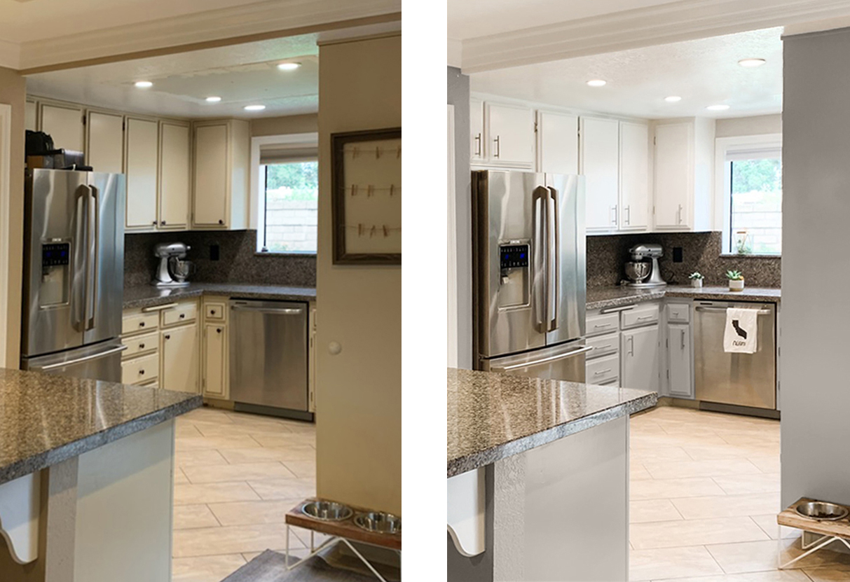 a before and after of a kitchen. First picture show the cabinets painted in gray on the bottom and white. The picture beside it is the original kitchen with yellowish painted cabinets.
