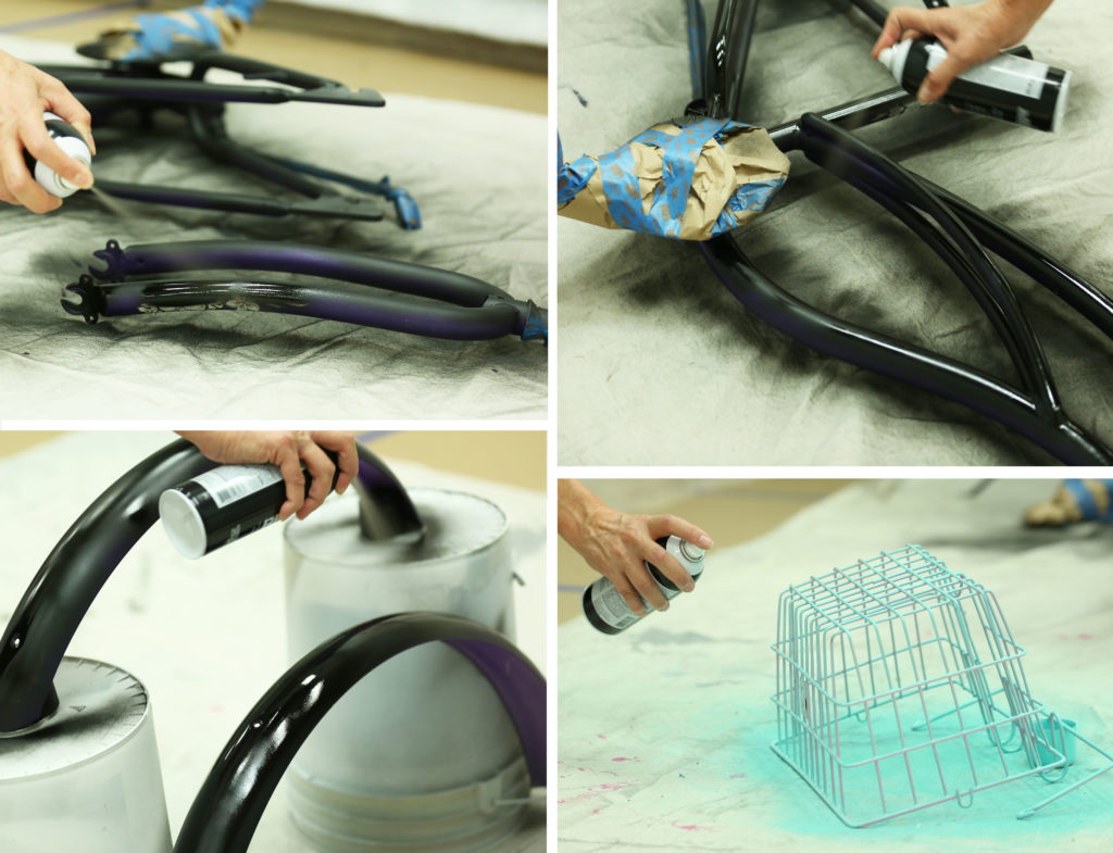 Four images showing a person spray painting different pieces of the bike frame.
