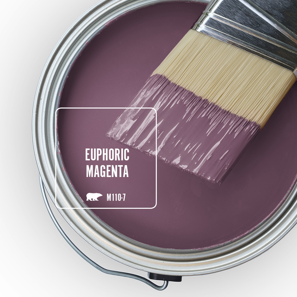 The top view of an open paint can with a half-dipped brush sitting on top of t, the wet paint color is called Euphoric Magenta. 