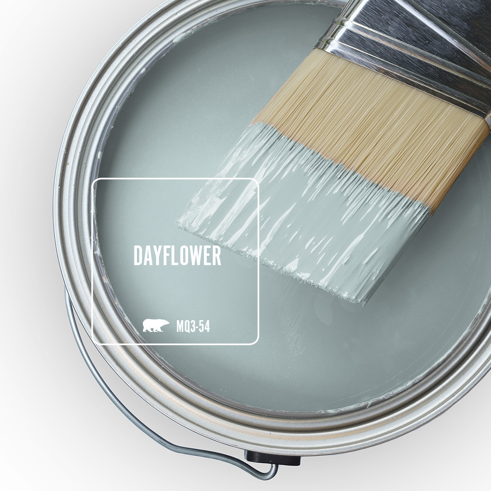 The top view of an open paint can with wet paint and a half-dipped paint brush, the color of the paint is called Dayflower. 