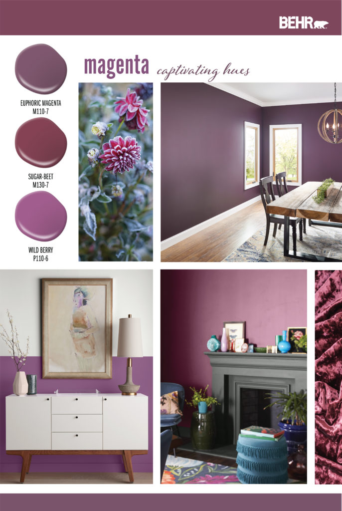 Inspiration board showing magenta hues. Paint drops featured are the following: Euphoric Magenta, Sugar Beet, Wild Berry. 
Images are of the following:
Greenery with magenta colored flowers.
Dining Room with wood table and floors, walls are painted in a purplish-magenta color.
Living area with a charcoal painted fireplace and walls painted in a reddish-magenta color.
Hallway with lower walls painted in a pinkish-magenta color, upper walls are white. A white console table sits in front of the wall.

