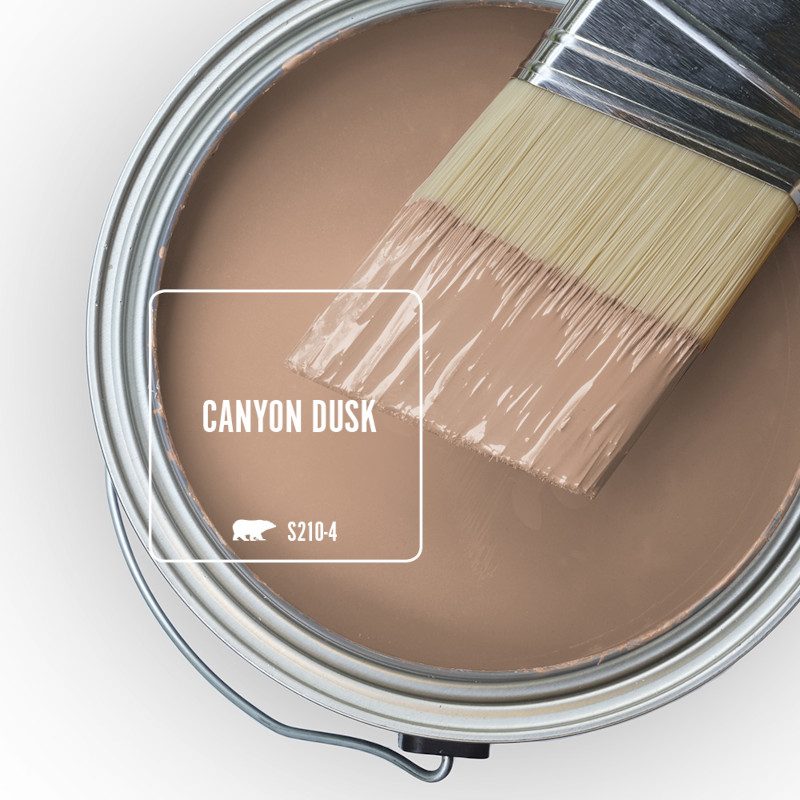 The top view of an open paint can featuring a neutral color called Canyon Dusk. 