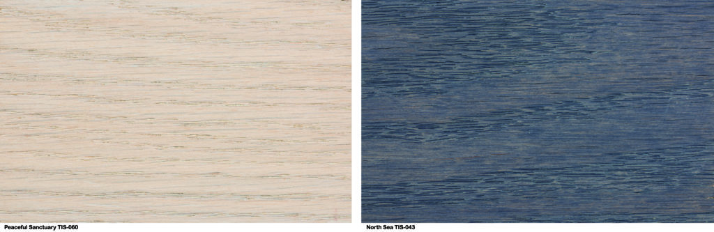 Two wood color swatches. First one is light natural wood tone, the second is a blue tone.