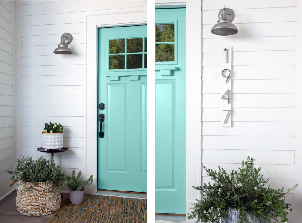 two images of a home with a nlue door. One is shoing all of the door, the other shows a closeup of the door, light and house numbers.