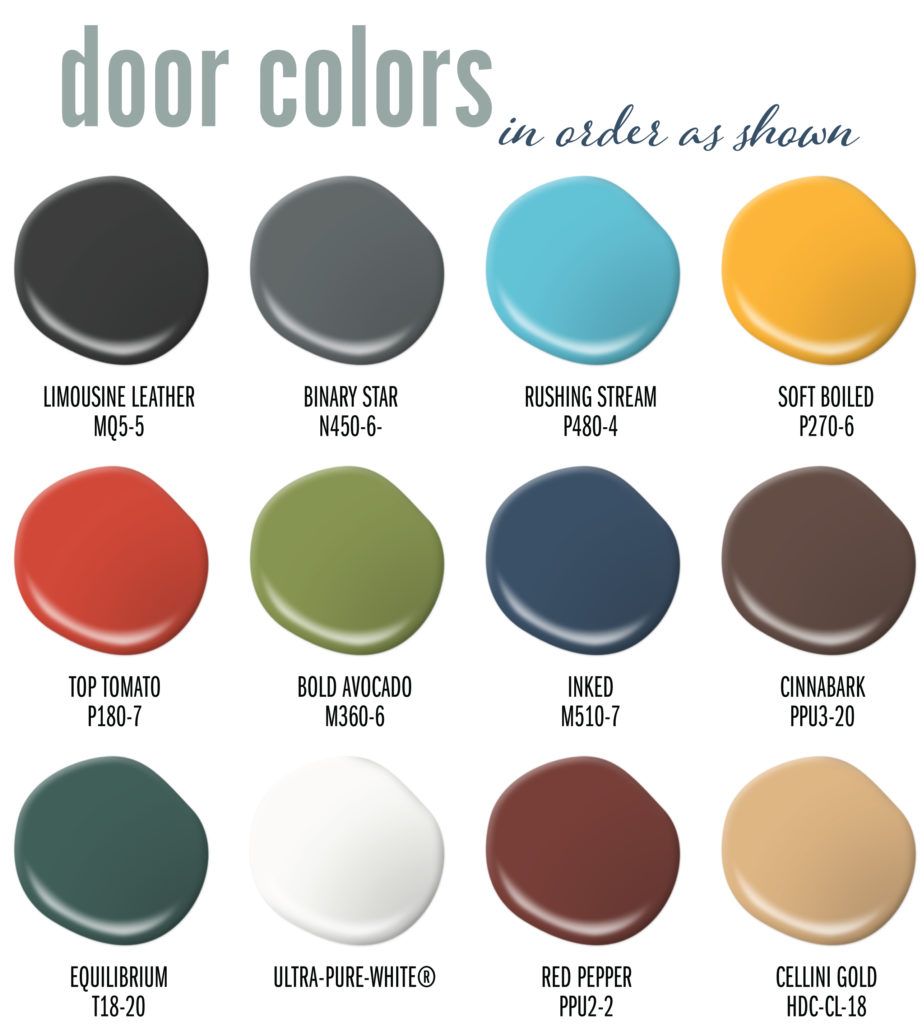 a palette showing the 12 different door colors used in this article.