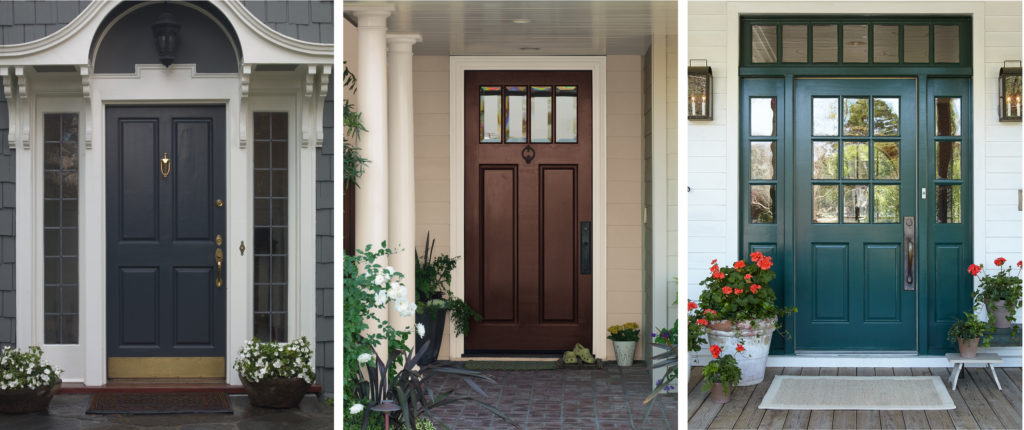 Three different traditional style exterior entryways showing different colored doors.